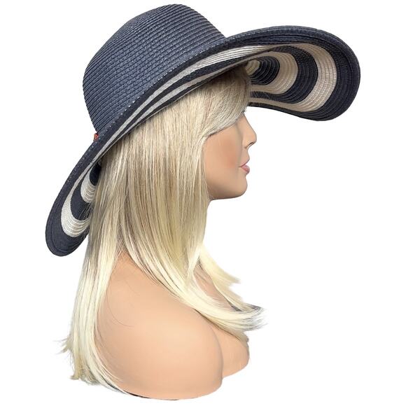 Striped Black and White Sun Hat with Red Accent - Picture 13 of 14